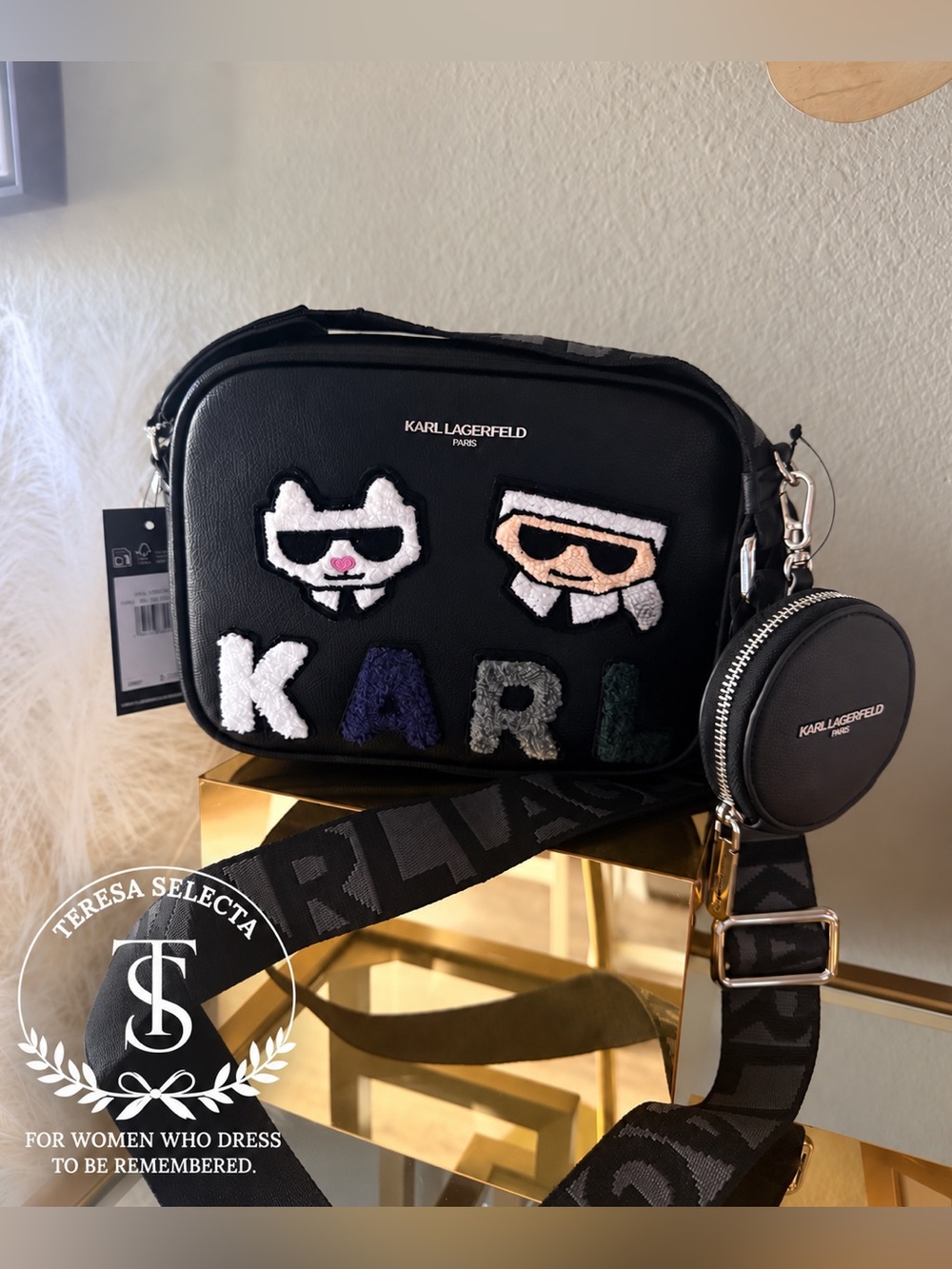 NWT Karl Lagerfeld Paris Maybelle Chenille Patch Crossbody Bag Black